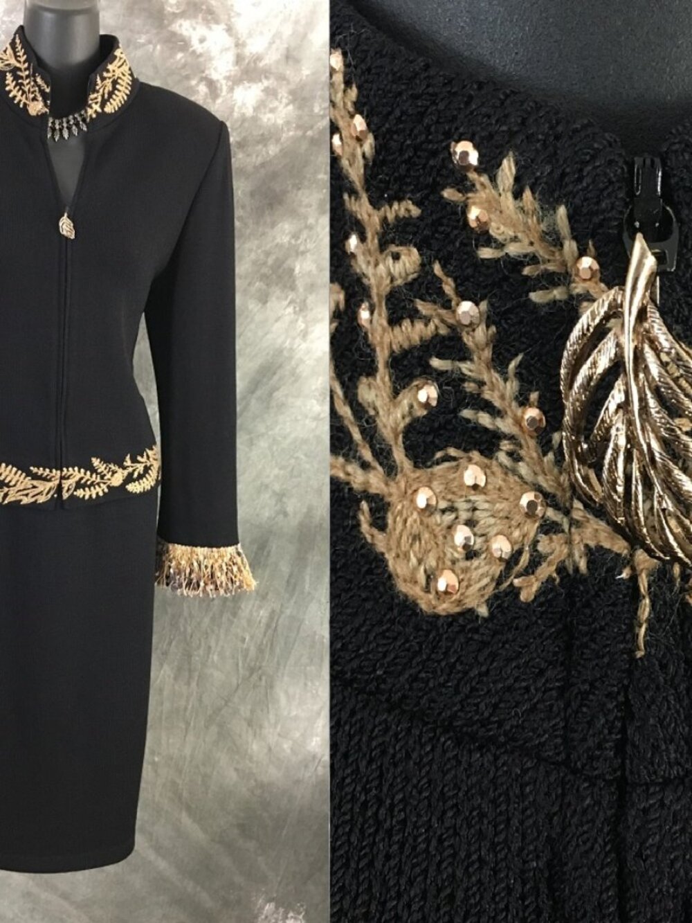BEAUTIFUL St John collection knit black multi jacket skirt suit size 6